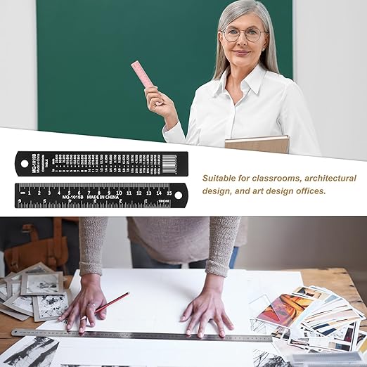 HARFINGTON 2pcs Metal Straight Ruler 15cm Metric SAE Aluminum Alloy Measuring Rulers Scale Tool with Hole for Measure Study Reading Classroom Office, Black