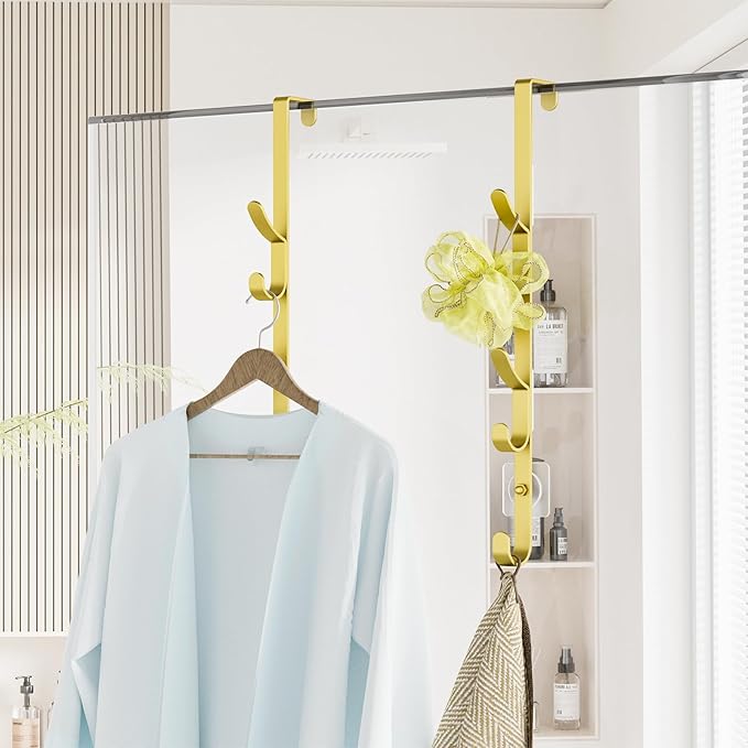 Over The Door Hooks, Metal Door Hooks for Hanging, Over The Door Purse Organizer for Door Coat Hanger, Back of Shower for Hanging Towel Rack Clothes, Hat, Bathroom, Closet (Gold-2Packs)