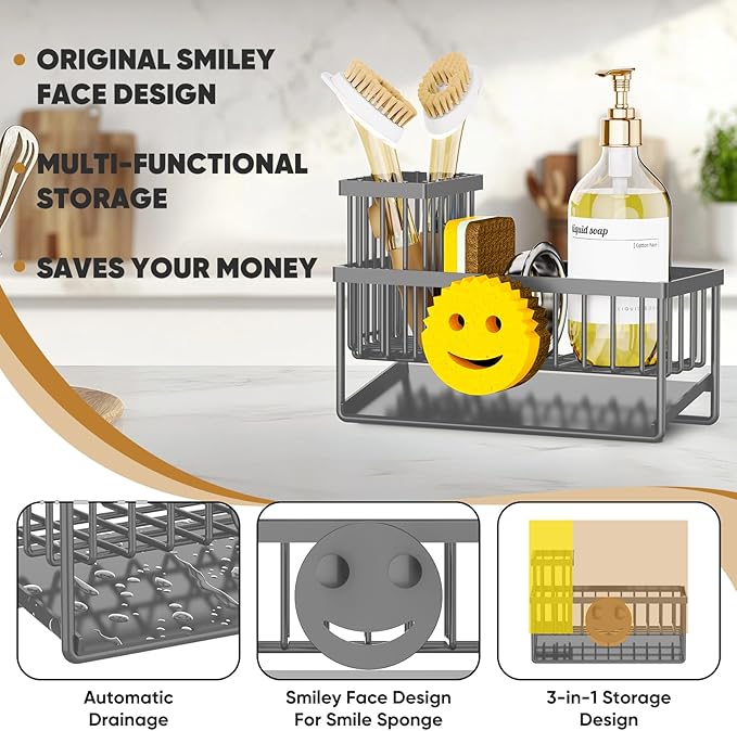 Sponge Holder for Kitchen Sink,Smiley Face Sink Caddy with Removable Brush Holder,Self-Draining Sponge Caddy for Soap,Dish Brush,Scrubber,Kitchen Essentials and Gadgets-Charcoal Gray