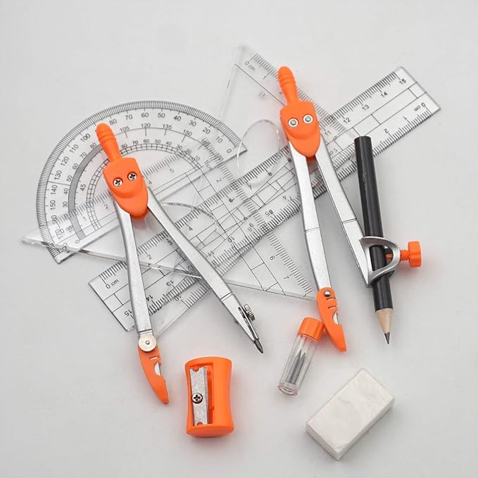 Maths Compasses for Geometry Student Drafting Compass Set Starter Kit with Protractor, Set Squares with Case for School Maths Study, Orange