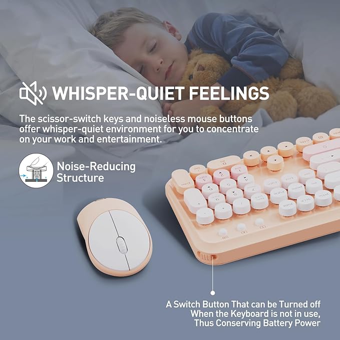 Wireless Keyboard and Mouse Combo, 105 Round Keys Full-Size Cute Colorful Pink Cordless Keyboard and Mouse with Retro Typewriter for PC/Mac/Laptop/Tablet/Computer/Windows Pink