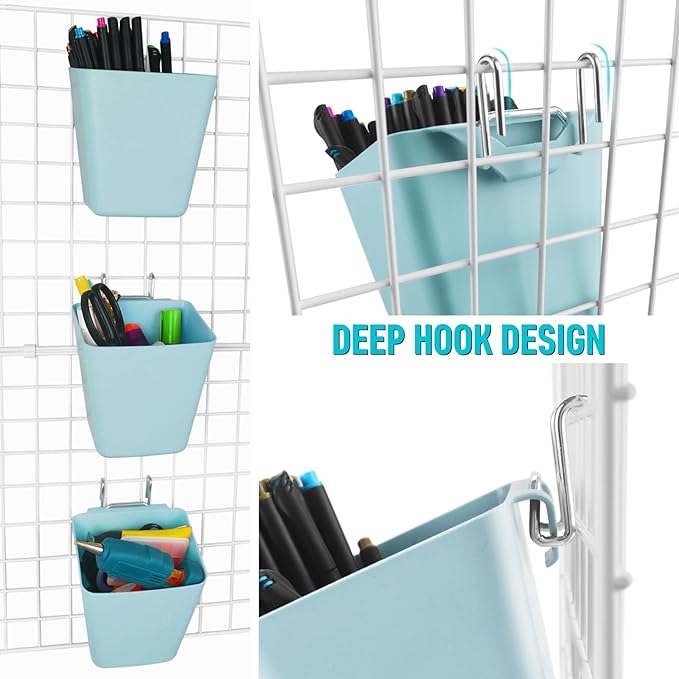 G.CORE Large Grid Wall Bins - 6Pack Blue Gridwall Accessories Hanging Cups with Back Hooks - Plastic Grid Wall Panels Organizers Wire Shelves Holders for Garage Garden Craft Office Tools Storage