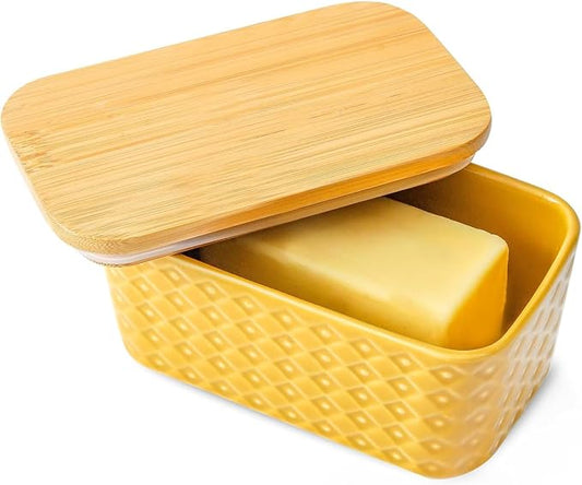 Hasense Ceramic Butter Dish with Sealing Lid, Large Yellow Butter Container for Countertop Airtight Butter Stick Covered Keeper Storage,Embossed Pattern,Easy Clean Dishwasher Safe