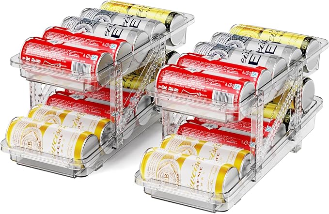Drink Organizer for Fridge Soda Holder for Refrigerator Can Dispenser,Adjustable Width Can Holders for Fridge Suitable for Storage Cabinet and Pantry Clear (2 Pack)