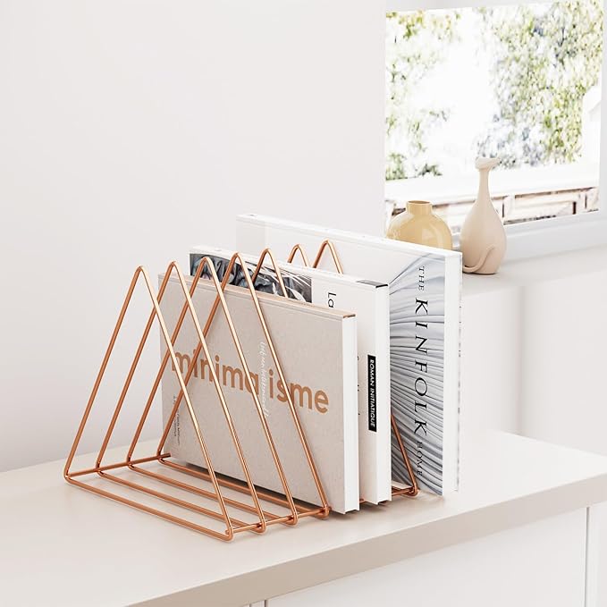 Urban Deco Triangle Desk Organizers Metal Wire Magazine Holder 7 Sections Decorative Vinyl Record Storage Office File Organizer For Desk - Rose Gold Magazine File Holder - 2 Pack