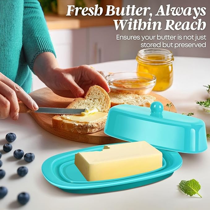 Flexzion Ceramic Blue European Butter Dish with Lid for Countertop (7 Inch) - 1 Stick Butter Holder for Counter, Cream Cheese Container Storage Keeper