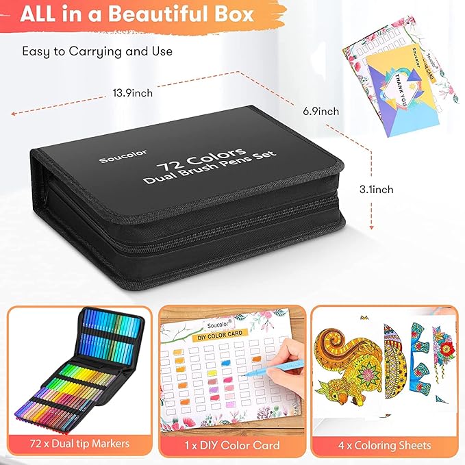 Soucolor Art Supplies for Adults Kids, 72 Colors Dual Tip Brush Fine Tip Markers, Art Kit Drawing Set with Art Case Coloring Set, Art Set for Kids, Kids Art Supplies for School, Gifts for Girls & Boys