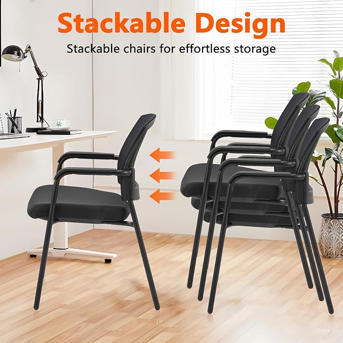CLATINA Office Reception Guest Chair Mesh Back Stacking with Ergonomic Lumbar Support and Thickened Seat Cushion for Waiting Conference Room Black 2 Pack