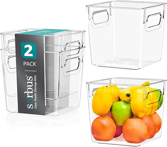 Sorbus Small Clear Plastic Storage Bins for Shelves, Clothes, with Handle - Clear Storage Bins, Drawer, Shelf, Closet, Pantry, Fridge, Freezer Organizer Bins, Closet Organizers and Storage (2 pack)