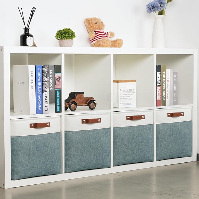 DULLEMELO Storage Bins, 4 Pack Of 13x13x13 Decorative Storage Cube Bins Suit Office, Home, Shelves And Closet, Stackale Gift Baskets Empty with Leather handle (White&Deep Green)