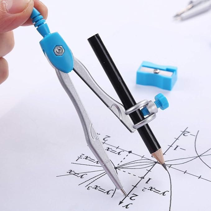 10 Pieces Math Geometry Kit Set Student Supplies with Shatterproof Storage Box,Includes Rulers,Protractor,Compass,Eraser,Pencil Sharpener,Lead Refills,Pencil,for School and Drawings（Blue）