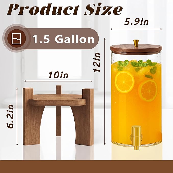 Glass Drink Dispenser,1.5 Gallon Beverage Dispenser with Stand,Lemonade Dispenser with Stainless Steel Faucet,Drink Dispensers for Parties, Bars and Home (Round Stand)