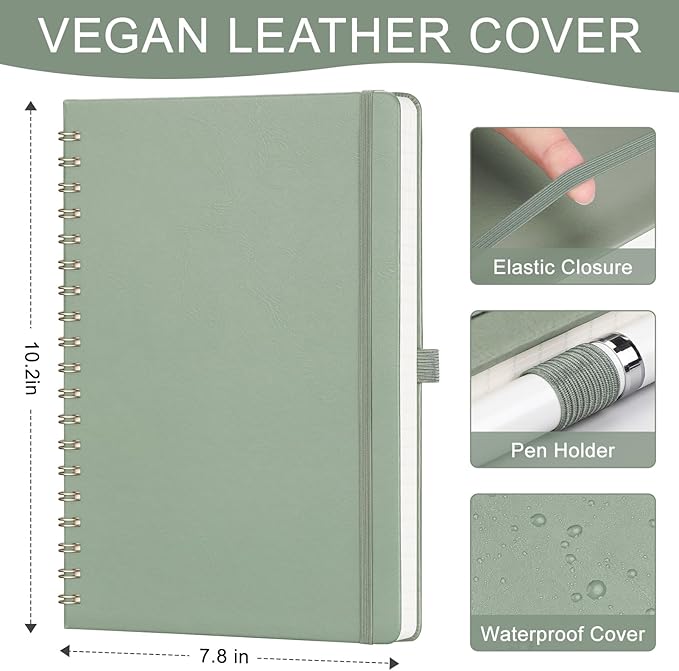 AHGXG Lined Spiral Journal Notebook, B5 Large Notebooks for Women Men, 140 Pages Hardcover Leather Notebook College Ruled, 100 GSM Paper, Notebooks for Work School Note Taking, 7.6" x 10", Sage Green