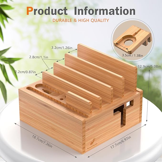 Pezin & Hulin Desktop USB Charging Station with Bamboo Charging Station, Desktop Charger Block, Compatible with Tablet, Cell Phone, Earbuds, Smartwatch