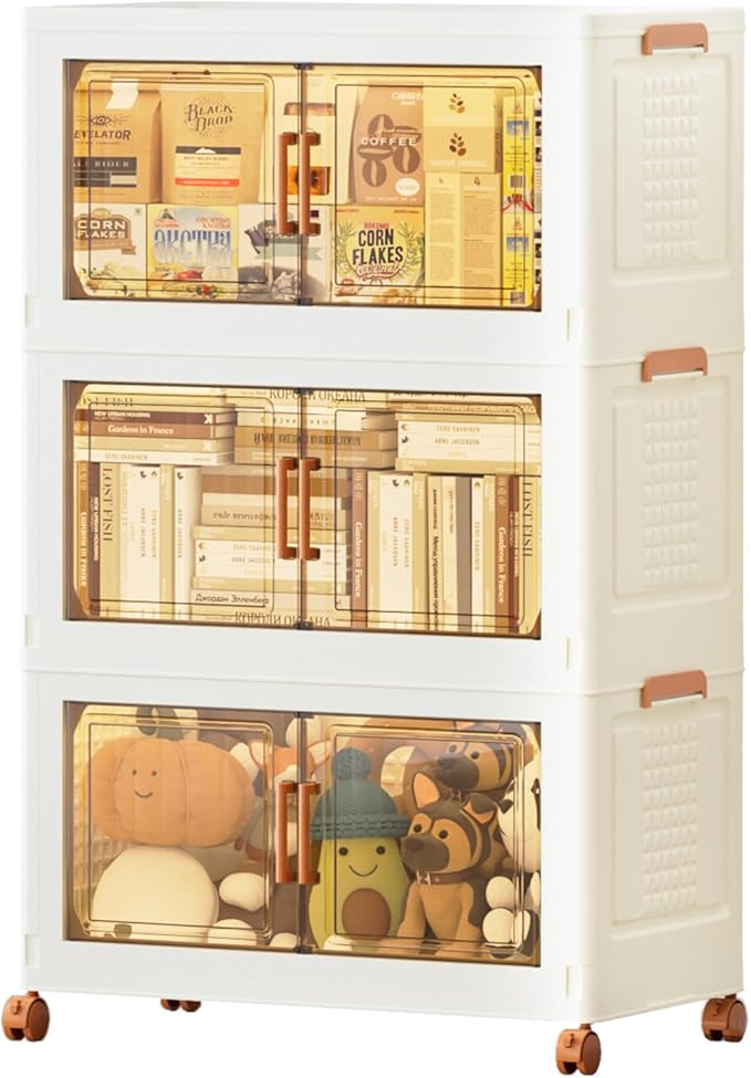 JEKO&JEKO 324 Qt Extra Large Plastic Storage Cabinets with Lids, Front Doors & Wheels, 3-Pack Stackable Collapsible Storage Bins for Bedroom, Home & Closet Organization, Cream