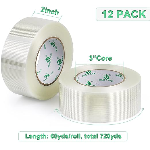 BOMEI PACK 12PACK Strapping Tape 2Inch, Heavy Duty Fiberglass Reinforced Packing Tape, 5.5Mil x 60Yds