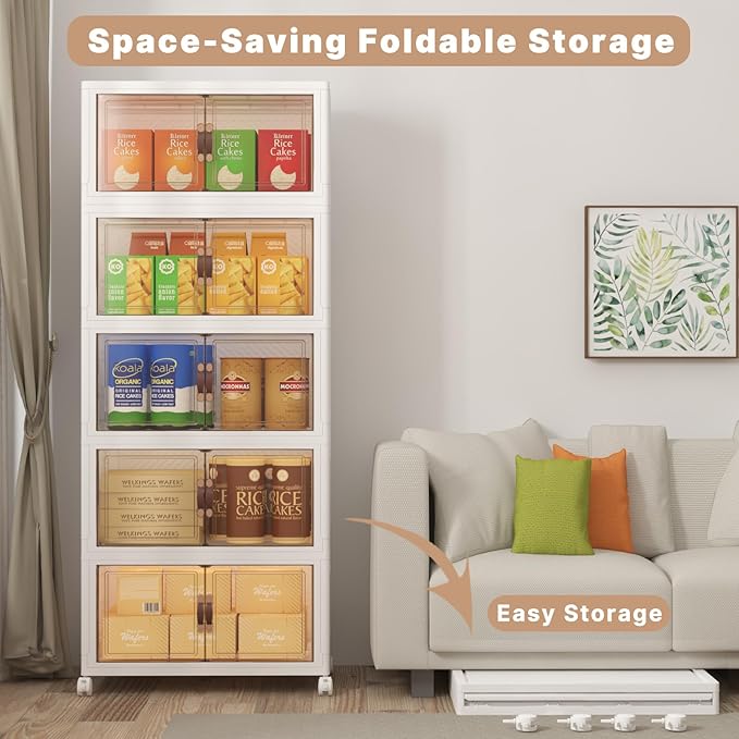 Extra Large Stackable Storage Bins with Lids & Wheels, Foldable Collapsible Closet Organizers Storage Cabinet with Doors for Bedroom Dorm (White, 600QT-120QT/30GAL*5Pack)