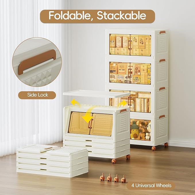 JEKO&JEKO 432 Qt Plastic Storage Bins with Lids, Doors & Wheels, 4 Pack Extra Large Stackable Collapsible Storage Cabinets and Closet Organizers for Home Office, Cream