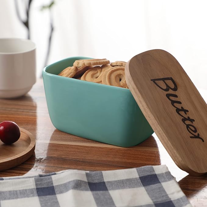 GDCZ Ceramics Butter Dish with Wooden Lid- Large Covered Butter Holder for Countertop, Butter Keeper Container Perfect for Holds 4X 4oz West/East Coast Butter,Turquoise