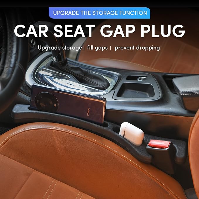 2 Pack Car Seat Gap Filler, PU Leather Universal Fit for Cars Trucks SUVs, Gap Stopper Between Seat & Console with Storage Organizer, Stop Items from Dropping (Black)