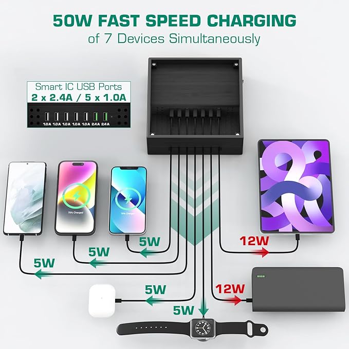 Bamboo Charging Station for Multiple Devices - Darfoo Family Charging Station with 7 USB Ports and 1 Stand for Watch-Earbud, 7 Short Charging Cables, Black