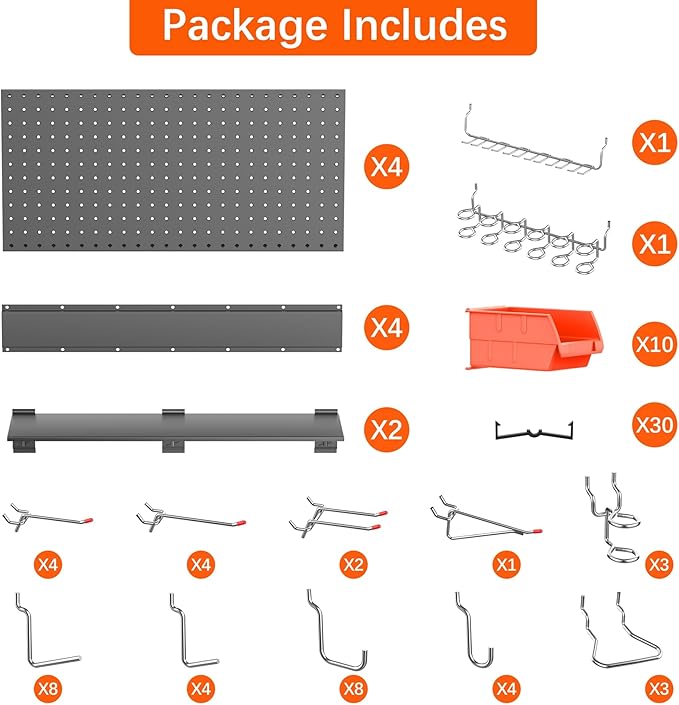TORACK Metal Pegboard with Peg Board Hooks, Tools Storage Pegboard with Pegboard Hooks, Wall Mounted Storage Bins, Shelves, Tool Organizer Board with Pegs(Black)