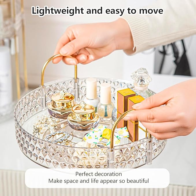 Double Layered Glass Tray with Golden Handles, Circular Decorative Storage Rack, Cosmetics, Dining Table, Bathroom, Bedroom, attic, Outdoor Small Items are Easy to find