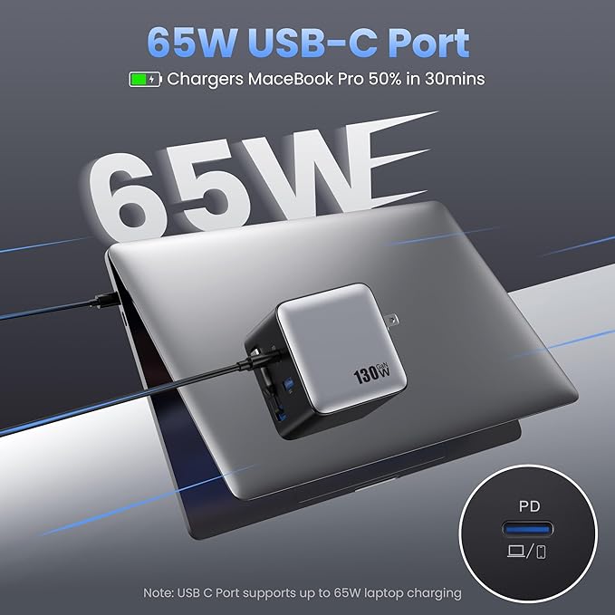 130W USB C Wall Charger,GaN III 3-Port Fast Charging Station,PD QC Foldable Charger Block Portable 65W USB C Laptop Adapter for MacBook Pro/Air,iPad Pro,Galaxy S23,Dell XPS,iPhone 16