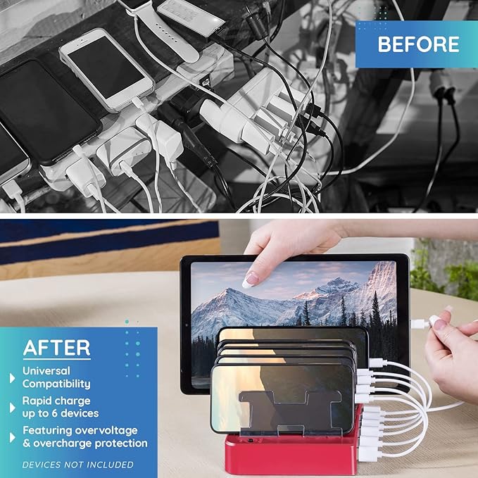 Charging Station for Multiple Devices – 6-Port USB Charging Dock for Apple & Android – Fast Multi-Charger Organizer for Phones, Tablets & More (Pink)