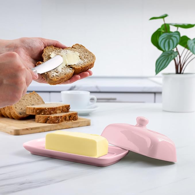 Zulay Butter Dish With Lid For Countertop - Porcelain White, Ceramic Butter Dish with Knob Handle Great for Cooking - Elegant Design Butter Holder - Durable & Sturdy Butter Keeper - Pink