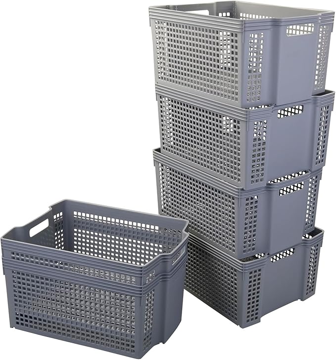 Large Plastic Stacking Storage Baskets, Grey Stackable Storage Bin, 6-Pack