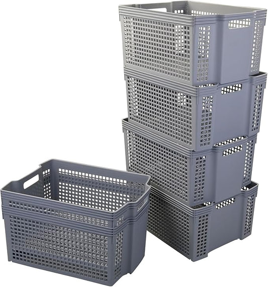 Large Plastic Stacking Storage Baskets, Grey Stackable Storage Bin, 6-Pack