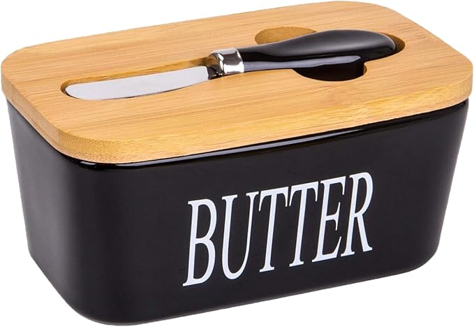 Black Butter Dish with Lid for Countertop, Large Ceramic Covered Butter Stick Holder Container for Fridge