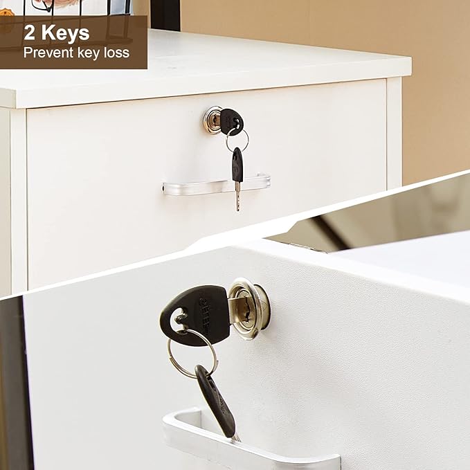 TUKAILAi Mobile File Cabinet with 3 Drawers, Lockable Storage Unit Wooden Rolling Office Filing Cabinet with Wheels, for Legal/Letter/A4 Sized Documents Home Office (White 1PCS)