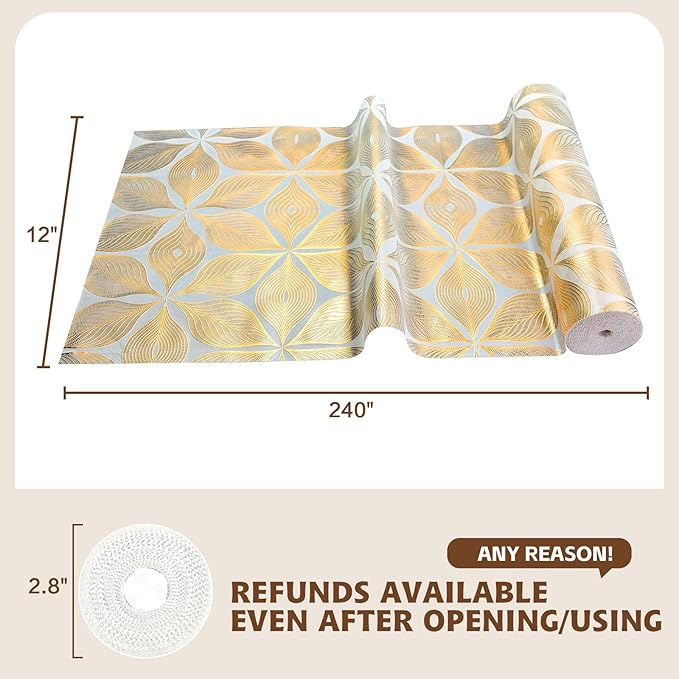 Drawer and Shelf Liner for Kitchen Cabinet,Non-Adhesive Waterproof Drawer Liner for Dresser & Bathroom Vanities with Adhesive Dots & Cutting Tool(18 in X 30 Ft Gold Leaf Pattern)