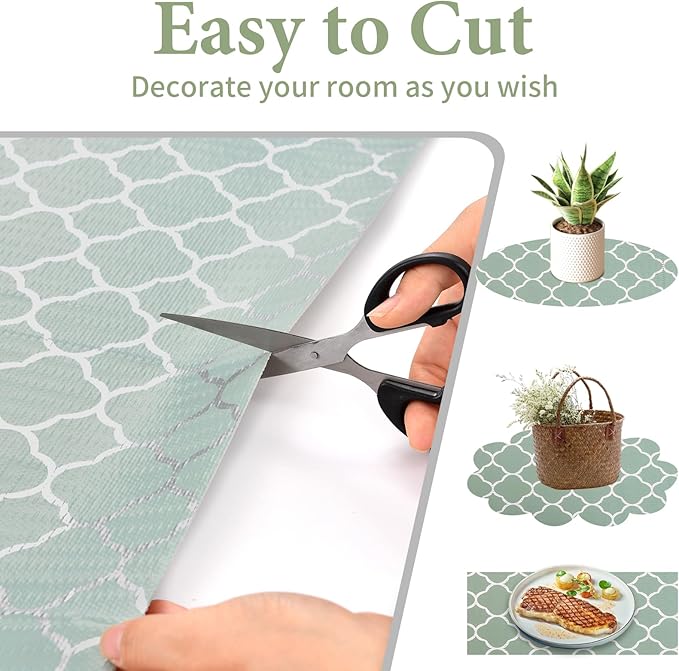 Shelf Liners for Kitchen Cabinets Non Adhesive Drawer Liner 12in x 20FT Light Green Quatrefoil Thickened Shelf Liner Strong Non-Slip Easy to Clean for Tool Box Refrigerator with Knife and Tape Measure