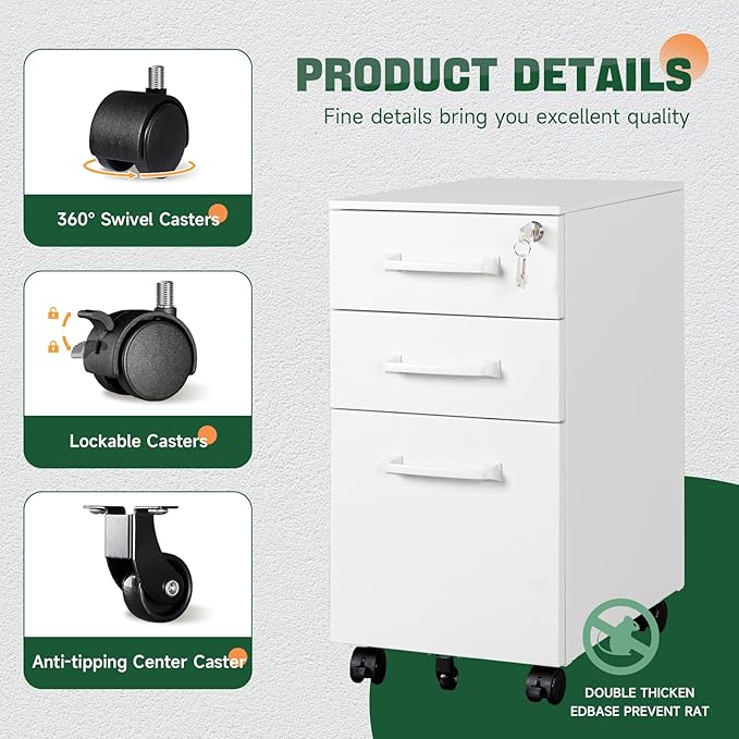 Letaya 3 Drawer Mobile File Cabinet with Lock,Under Desk Metal Filing Cabinets for Home Office Organizer,Small Rolling Printer Stand with Wheels,for Letters/Legal/A4(Assembly Required) (White)