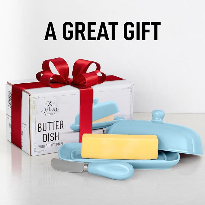 Zulay Kitchen Butter Dish With Lid For Countertop - Porcelain White, Ceramic Butter Dish with Knob Handle Great for Cooking - Elegant Design Butter Holder - Durable & Sturdy Butter Keeper - Light Blue