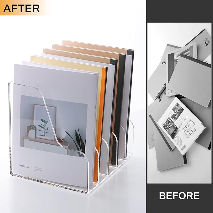 SANRUI Acrylic File Organizer, Compact Desk Organizer for Folders, Binders, Notebooks, Envelopes, Clear Magazine File Holder, 5 Section Bookshelf for School Home Office Organization, A4