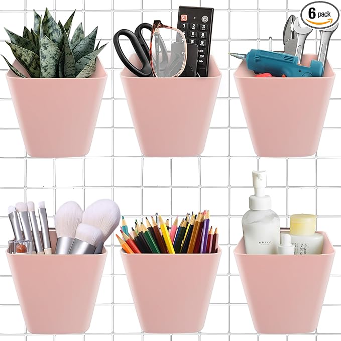 G.CORE Large Grid Wall Bins - 6Pack Pink Gridwall Accessories Hanging Cups with Back Hooks - Plastic Grid Wall Panels Organizers Wire Shelves Holders for Garage Garden Craft Office Tools Storage
