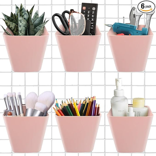 G.CORE Large Grid Wall Bins - 6Pack Pink Gridwall Accessories Hanging Cups with Back Hooks - Plastic Grid Wall Panels Organizers Wire Shelves Holders for Garage Garden Craft Office Tools Storage