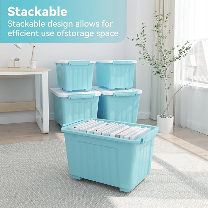Nazhura 72 Quart Plastic Storage Bin, Stackable and Nestable Storage Boxes with Lids and Secure Latching Buckles, Large Storage Container (Blue, 72Quart-4Pack)