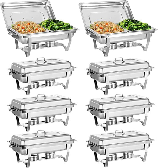 Chafing Dish for Buffet, 8 Pack Stainless Steel Chafing Servers Food Warmer Set with 8QT Half Size Food Pan for Kitchen Party Banquet Dining