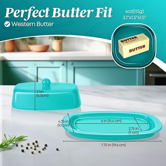 Flexzion Ceramic Blue European Butter Dish with Lid for Countertop (7 Inch) - 1 Stick Butter Holder for Counter, Cream Cheese Container Storage Keeper