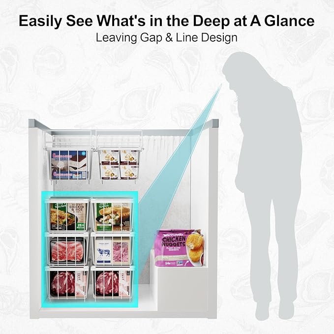 iSPECLE Deep Freezer Organizer Bins - 15.8~18.1 Inch Freezer Baskets for Chest Freezer, 7 Cu.Ft Chest Freezer Organizer Bins, 2 Small Expandable Hanging Baskets and 4 Stackable Bins, 6 Pack, White