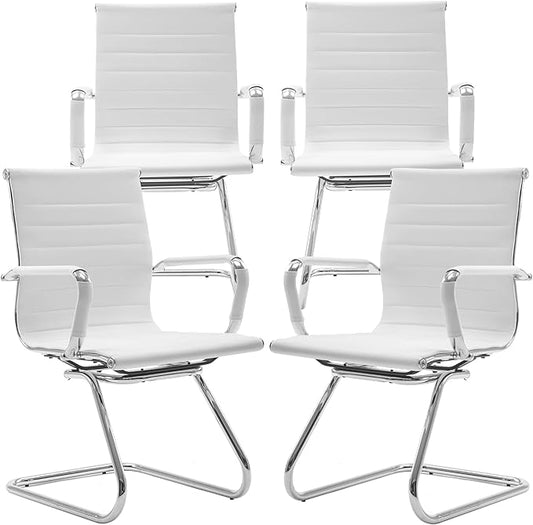 White Office Desk Chair No Wheels Set of 4 PU Leather Computer Chairs Mid Back Guest Chairs for School Reception Conference Waiting Room, White