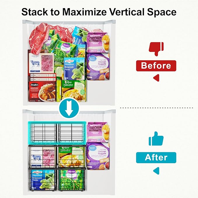 iSPECLE Freezer Organizer Bins - 3 Pack Large Deep Freezer Organizer Bins for 5 to 7 Cu.Ft Chest Freezer, Stackable Easy Access Food No More Digging, Sturdy Metal Wire Basket Not Scratch Bottom, Black
