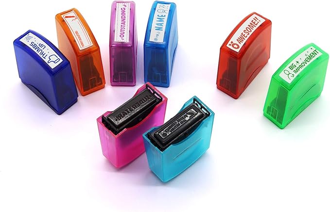 RELIANCER 8PCS Teacher Stamp Set,Colorful Self-Inking Motivational Classroom Stamper for Grading,Encouraging Rating Stamp Student,Parent Signature Stamps for Homework,School Homeschool Reward Supplies
