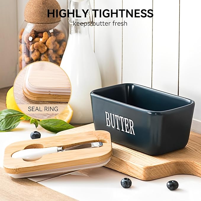 HOOMIL Ceramic Butter Dish with Lid - 650ml Large Capacity Airtight Butter Keeper Container Includes Butter Knife, Durable Stoneware Countertop Storage - Black