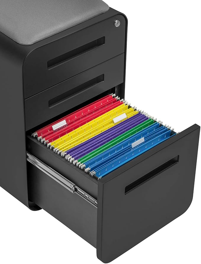 Laura Davidson Furniture STOCKPILE Curve Seated 3-Drawer Mobile File Cabinet with Removable Magnetic Cushion Seat - Metal Filing Cabinet, Pre-Assembled, Black with Dark Grey Cushion